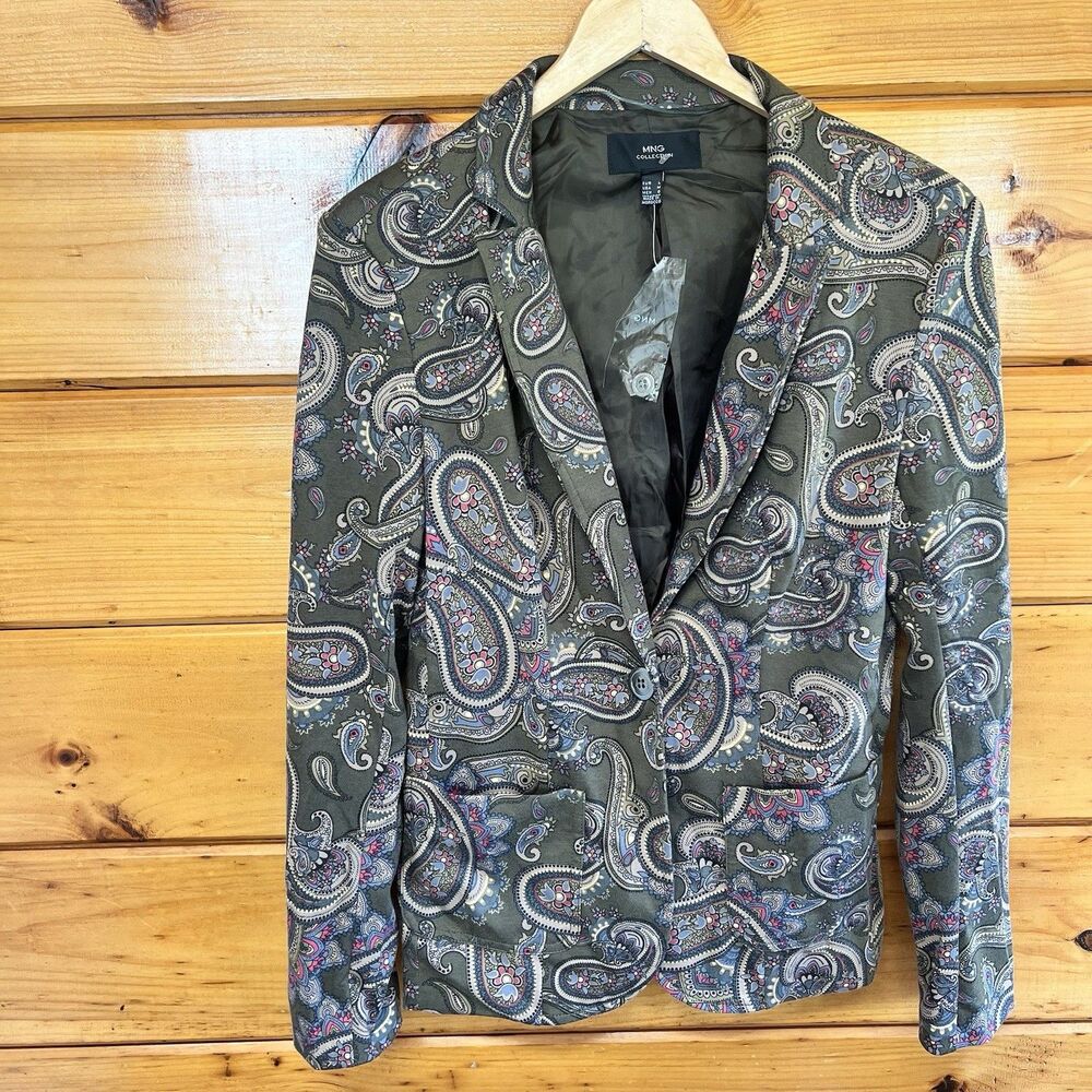 MNG Blazer Womens Green Paisley Notch Collar One Button Lined Casual Preppy